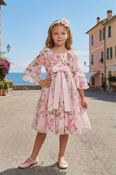 Pamina Girl's Floral Patterned Chiffon Evening Dress Birthday Dress & Hairban...