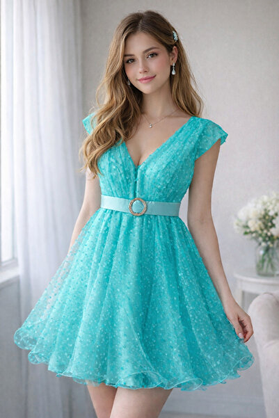 Divin store Κομψό γαλάζιο φόρεμα από οργάντζα με πουά.