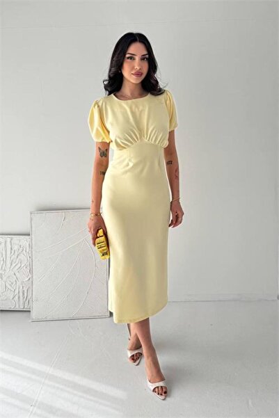 Neşeli Butik Γυναικείο κίτρινο φόρεμα μίντι μήκους με λεπτομέρειες κορδόνι κα...