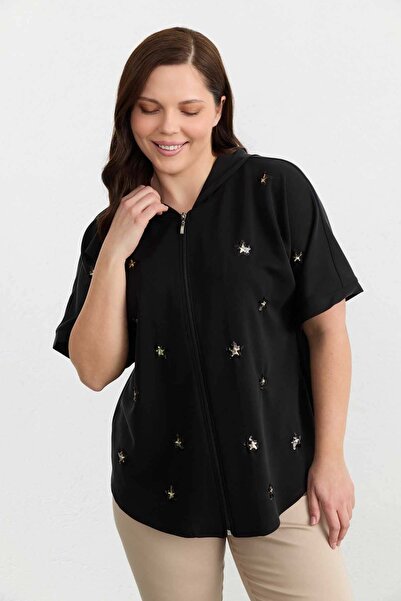 Selen Büyük Beden Önü Yıldız Aksesuarlı Örme Bluz / SİYAH
