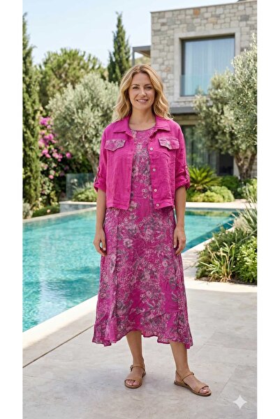 Punta Otantik YG10160 Ιταλικό λινό σετ σακάκι με φούξια σχέδια λουλουδιών