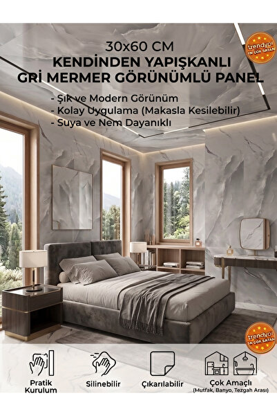 BMHOUSE 4'LÜ SET KENDİNDEN YAPIŞKANLI SERAMİK GÖRÜNÜMLÜ 30X60 DUVAR PANELİ