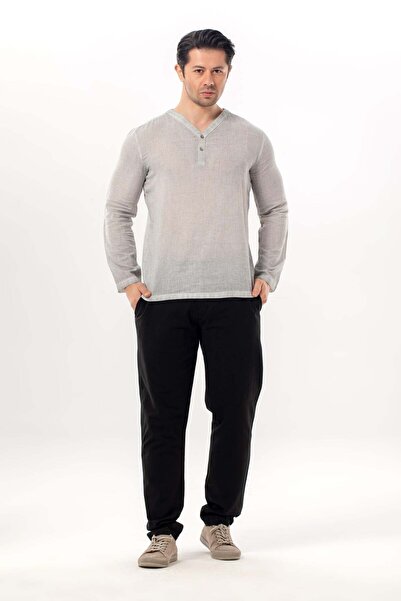 Eliş Şile Bezi Μακρυμάνικο ανδρικό μπλουζάκι Bora με λαιμόκοψη V και κουμπιά ...