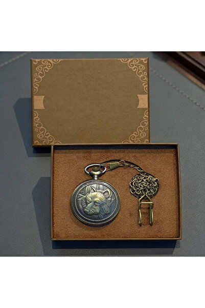 Store Kurt Motifli Antika Kutulu Köstekli Cep Saati Zincirli Metal Vintage Saat
