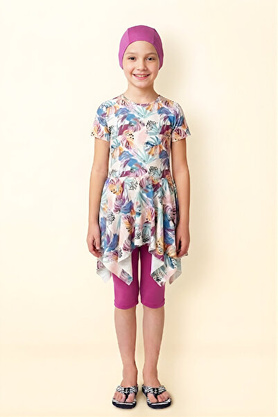 MODANINO Σετ μαγιό για κορίτσια (Ασύμμετρο τοπ με άκρες φούστας + Παντελόνι μ...