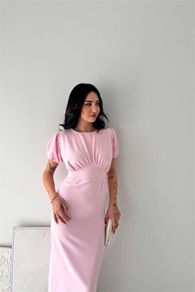 Neşeli Butik Γυναικείο ροζ φόρεμα μίντι με λεπτομέρειες σε στυλ μπαλόνι και σ...