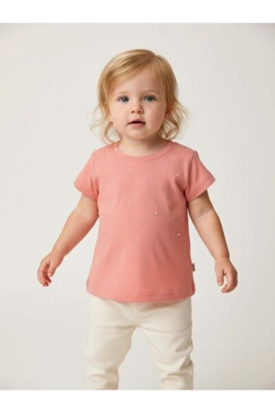 Zekids Baby Girl Pearl Detailed Short Sleeve T-Shirt