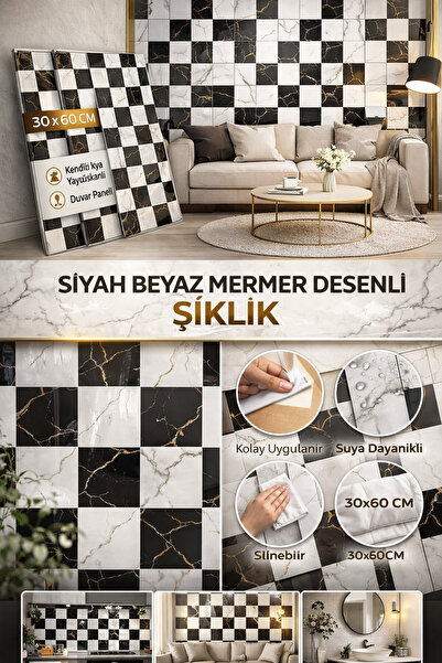 BMHOUSE 4'LÜ SET KENDİNDEN YAPIŞKANLI SERAMİK GÖRÜNÜMLÜ 30X60 DUVAR PANELİ
