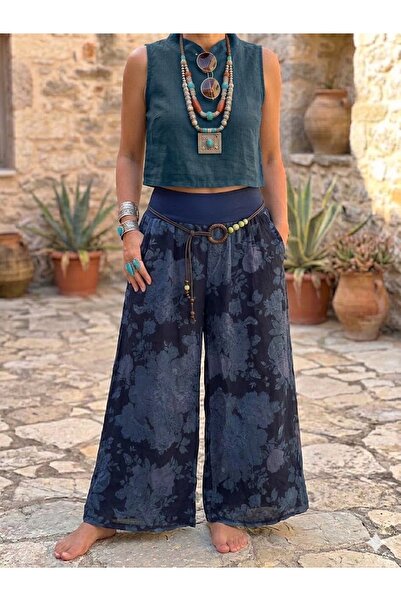 AYASOFYA OTANTIK Γυναικείο ιταλικό παντελόνι από λινό σε μπλε ναυτικό χρώμα μ...