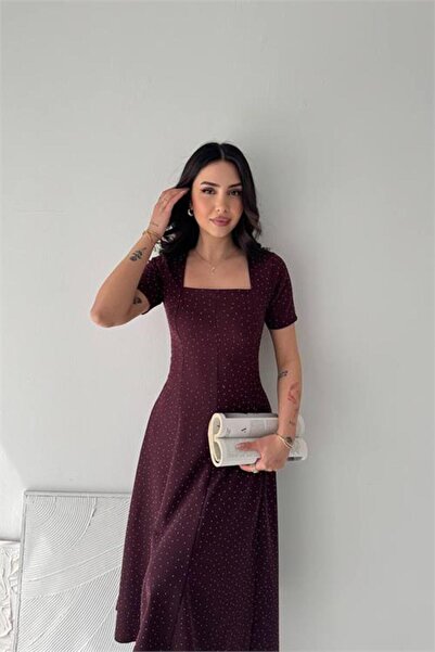 Neşeli Butik Γυναικείο φόρεμα με κοντό μανίκι, μίντι μήκους, με τετράγωνο για...