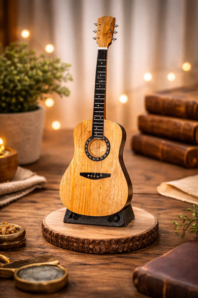 BASEL MAİSON Dekoratif Ahşap Gitar Maketi 25 Cm – El İşçiliği Mini Gitar Bibl...