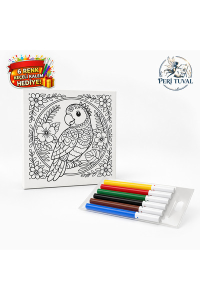 Paint Clear Papağan Desenli Boyama Tuvali 30x30 cm | 6 Renk Keçeli Kalem Hedi...
