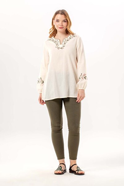 Eliş Şile Bezi Long Sleeve Nevin Embroidery Detailed V-Neck Summer Shile Fabr...