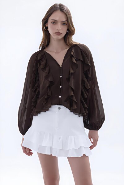 Shopping Shop Μπλούζα σιφόν με βολάν ΚΑΦΕ