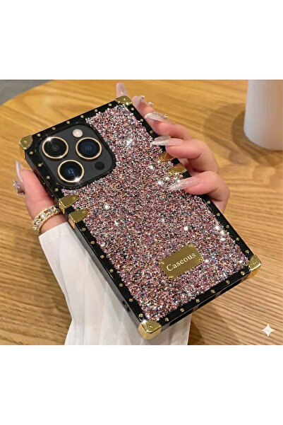 bovinox iPhone 15 Pro Max Kılıf Lüks Kare Tasarım Taşlı Işıltılı Simli Darbe ...