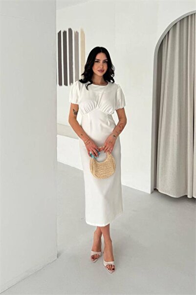 Neşeli Butik Γυναικείο λευκό φόρεμα μίντι με λεπτομέρειες με κορδόνια και μαν...