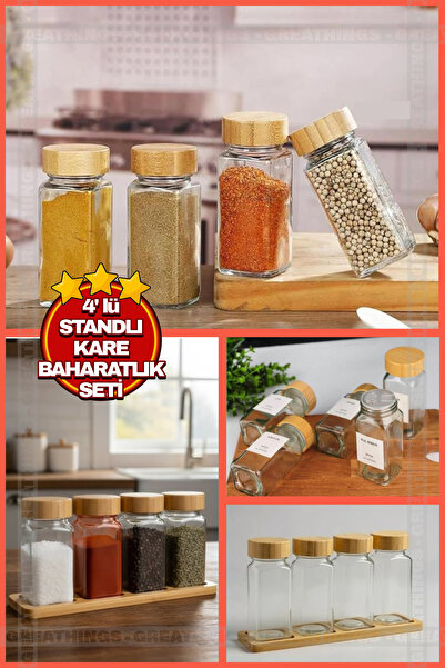 Greathings 4'lü Standlı Bambu Kapaklı Kare Tuzluk-Baharatlık Seti