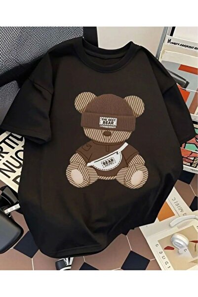 LELVANİ unisex το καλύτερο μπλουζάκι με στάμπα καφέ αρκούδας με καπέλο αρκούδας
