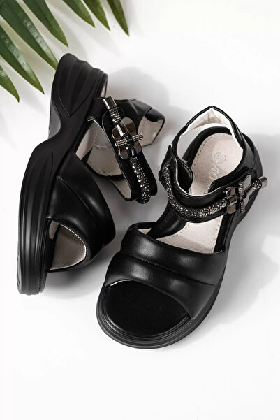 Zaira Sandale copii negre din piele ecologica Flori #24948 - 36