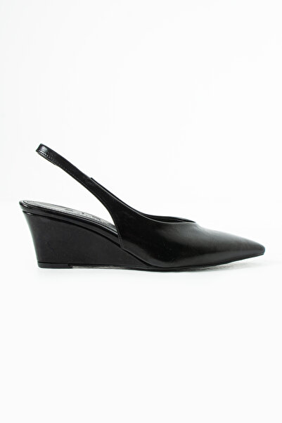 Sira Official Mary Black Rustic Open Back Pointed Toe Wedge Heeled Shoes