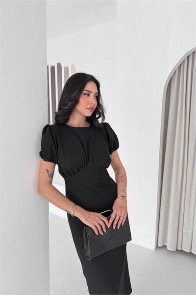 Neşeli Butik Γυναικείο μαύρο φόρεμα μίντι με λεπτομέρειες με κορδόνια και μαν...