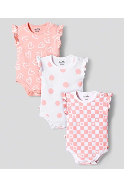 Bonfino Heart Printed Flutter Sleeves Onesies (Pack of 3) - Pink & White