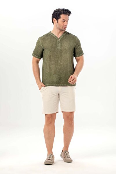 Eliş Şile Bezi Ανδρικό μπλουζάκι ποπλίνα με κοντό μανίκι και λαιμόκοψη V με κ...