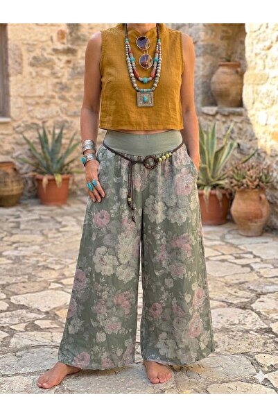 AYASOFYA OTANTIK Γυναικείο ιταλικό λινό παντελόνι με χακί ροζ σχέδιο, ελαστικ...