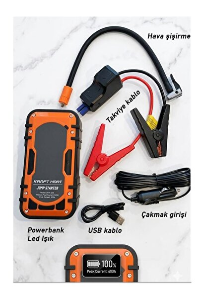 KRAFT HART Akü Takviye Cihazı | 4'ü 1 Arada Powerbank, Hava Kompresörü, LCD Ekran, 12.000mAh 150PSI