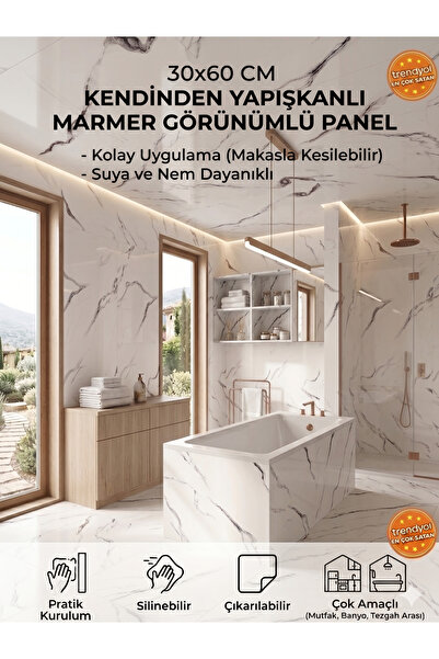 BMHOUSE 4'LÜ SET KENDİNDEN YAPIŞKANLI SERAMİK GÖRÜNÜMLÜ 30X60 DUVAR PANELİ