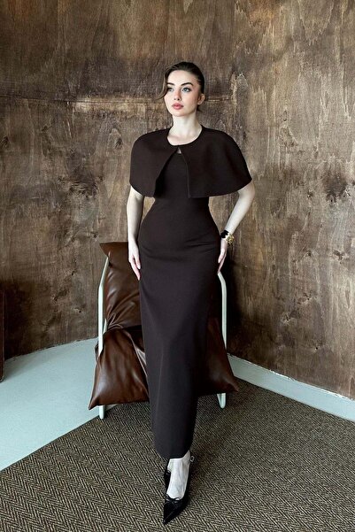Elbee Fashion Woman Kahverengi Pelerinli Straplez Elbise