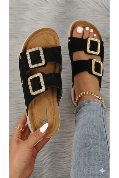 Trendline Γυναικείες μαλακές ορθοπεδικές παντόφλες με διπλή πόρπη και πέτρες