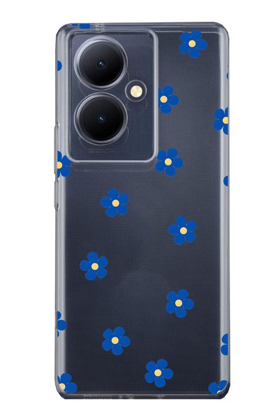 FLAMENKO Vivo V29 Lite 5g Compatible Blue Flower Pattern Transparent Phone Case