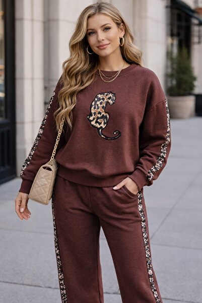 Trendline Γυναικείο μάλλινο χοντρό χειμερινό σετ με λεπτομέρειες λεοπάρ και 3...