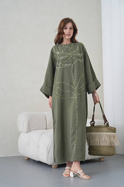 Miss Allos Γυναικείο Μακρύ Λινό Φόρεμα με Παγιέτες Κεντημένο Φαρδύ Μορφή