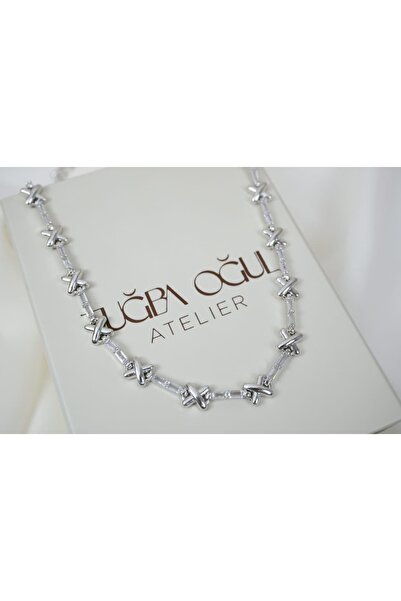 ATELİER TUĞBA Kol252 Punk Style X Detail Silver Necklace
