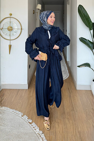Tesettür Diyarı Σετ Χιτζάμπ από Ύφασμα Τούλι Μοντάλ με Δέσιμο Felora - Ναυτικ...