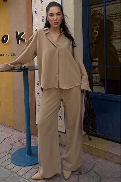 Madmext Γυναικείο πουκάμισο και παντελόνι από λινό Camel, Σετ δύο τεμαχίων Mg...