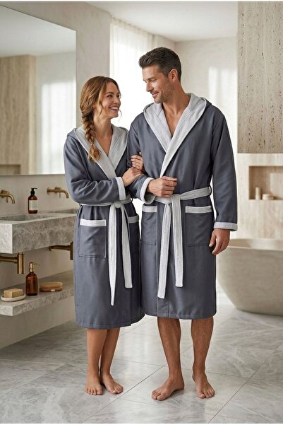 Loselya Βαμβακερό μονόχρωμο σκούρο ανθρακί μπουρνούζι με κουκούλα unisex