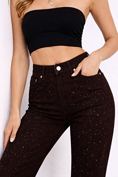 St.Poll Stone-Detail High Waist Brown Palazzo Jeans