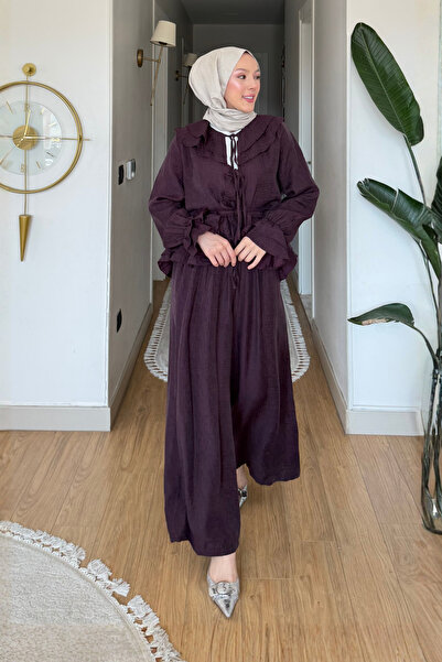 Tesettür Diyarı Σετ Χιτζάμπ από Ύφασμα Τούλι Μοντάλ με Δέσιμο Felora - Δαμασκηνί