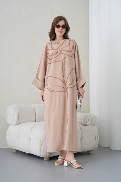 Miss Allos Γυναικείο Μακρύ Λινό Φόρεμα με Παγιέτες Κεντημένο Φαρδύ Μορφή