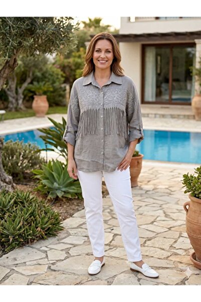 Punta Otantik NC45460 Ιταλικό λινό πουκάμισο με κέντημα και φούντες, βιζόν