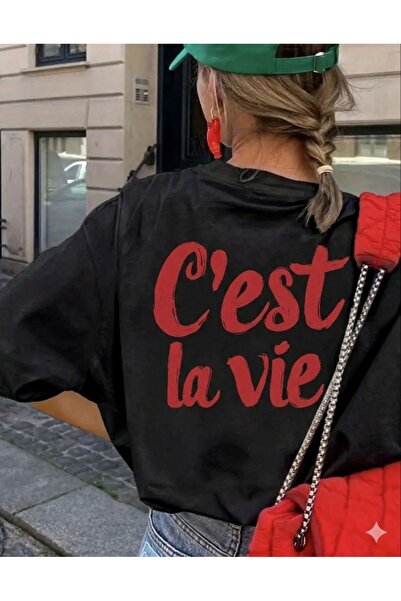 LELVANİ Γυναικείο μπλουζάκι Cest La Vie με κόκκινο στάμπα