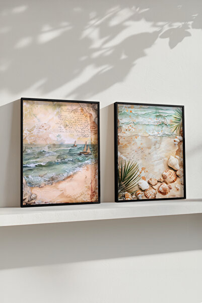 STARYUNA Vintage πίνακας με θέα στη θάλασσα, Σετ δύο πινάκων με μαύρο ξύλινο ...