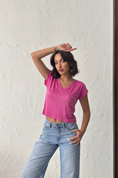 NEW JOURNAL Tricou de bază scurt, roz, cu decolteu în V, pentru femei NJ138