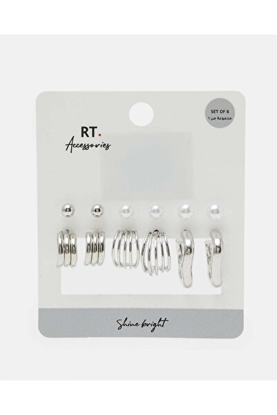 REDTAG Women Silver Embellished Studs (6 Pairs)