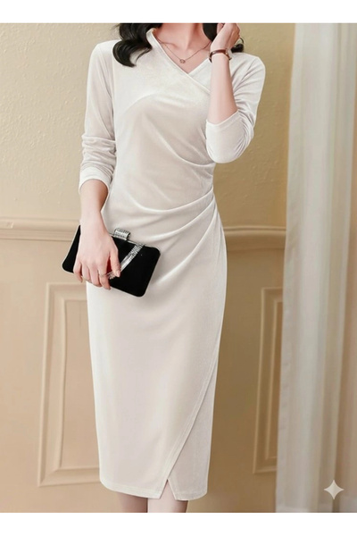 DoğaMilya Butik Women's Long Sleeve Double-Breasted Collared Side Gathered Fr...