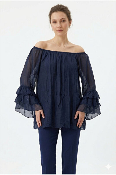 della moor Women's Navy Blue Italian Elastic Madonna Collar Ruffled Spanish S...