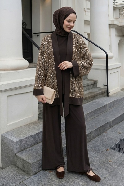 InStyle Σετ με παγιέτες και διάτρητο σχέδιο σε απόχρωση καφέ